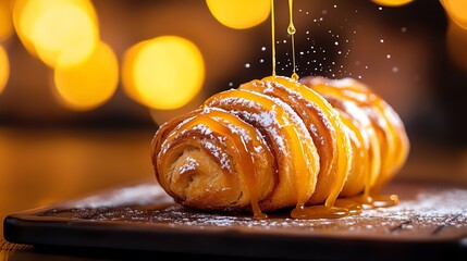 Danish pastries with a cinnamon swirl, topped with caramel drizzle and powdered sugar, shot in warm lighting to enhance the indulgent texture, Danish pastry, sweet dessert concept