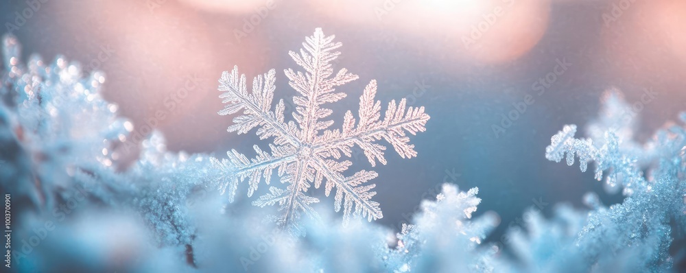 Poster close-up of a beautiful snowflake resting on soft blue frost, capturing the essence of winter and th