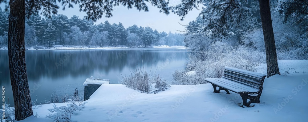 Poster a serene winter scene featuring a snow-covered lake and a lonely bench surrounded by frosty trees.