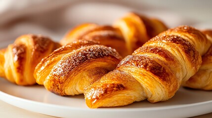 Danish pastries with swirls of cinnamon and sugar, placed on a white plate with a soft backdrop, creating a cozy breakfast scene, Danish pastry, classic dessert styling