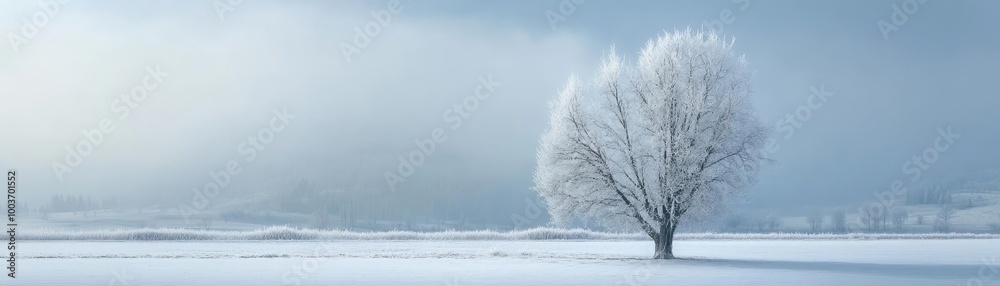 Aufkleber a serene winter landscape featuring a lone tree covered in snow, creating a peaceful ambiance under 