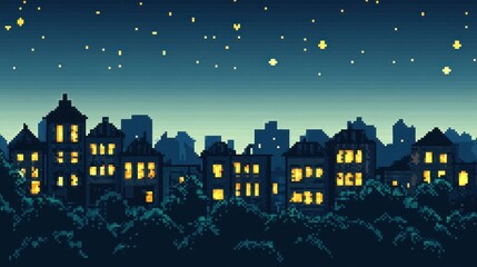 Fototapeta premium Nighttime Cityscape with Pixel Art Style