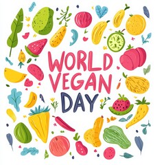 Obraz premium World vegan day. vegetables and fruits in doodle style. vegetables stickers