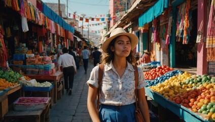 Fototapeta premium Young Woman Standing on a Vibrant Market Street