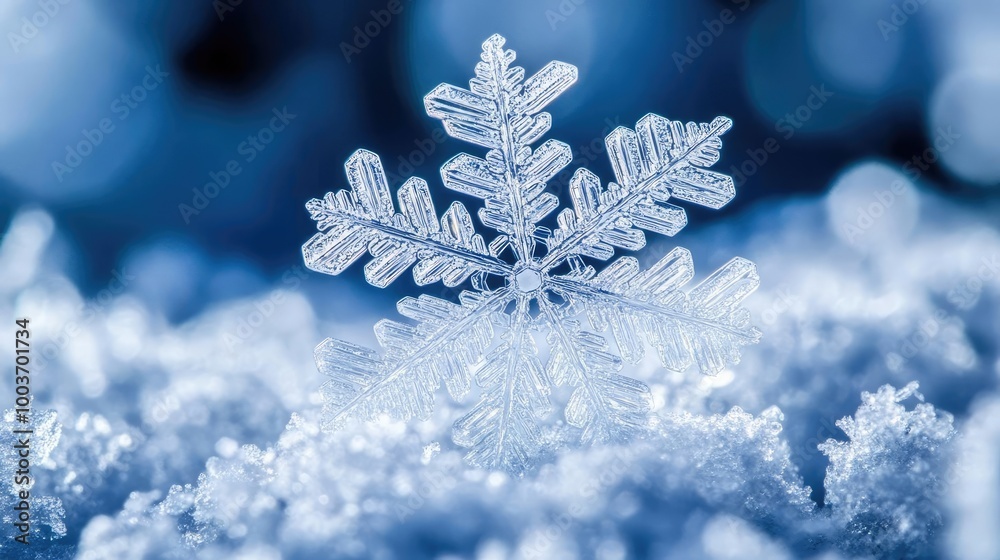 Poster Close-up of a delicate snowflake resting on a blanket of snow, showcasing intricate patterns and glistening ice crystals.