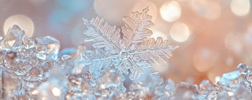 Poster A close-up view of a delicate snowflake resting on a bed of shimmering ice crystals, capturing the beauty of winter.