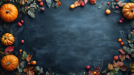 A background that mimics a chalkboard with Thanksgiving greetings written in a chalky font, decorated with small doodles of leaves and pumpkins.