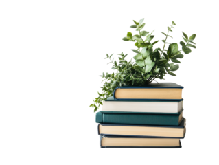 A stack of books with green plants on top creates serene and inviting atmosphere, perfect for cozy reading nook or study space. 