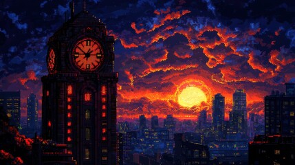 Vibrant Sunset Over City Skyline with Clock Tower
