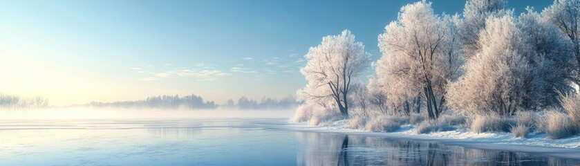 A serene winter landscape with frosted trees and a calm frozen lake under a clear blue sky, embodying tranquility and beauty.