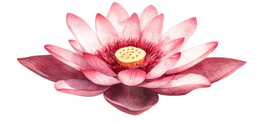 Fototapeta premium A beautiful pink lotus flower with delicate petals and a striking yellow center, isolated on a white background, perfect for decoration or nature-themed projects.