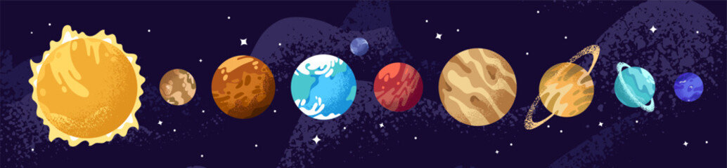 Solar system set on universe background. Row of celestial bodies in cosmos: Sun, Mercury, Venus, Earth, Mars, Jupiter, Saturn, Neptune. Planets in outer space. Flat isolated vector illustrations © Paper Trident
