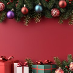 Christmas decorations with gifts and ornaments on a festive red background.