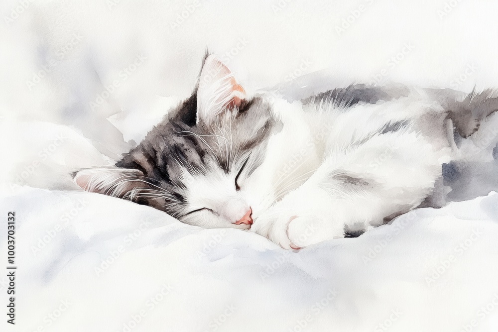 Poster a fluffy cat peacefully sleeping on a white bedspread in a cozy indoor setting during a tranquil aft