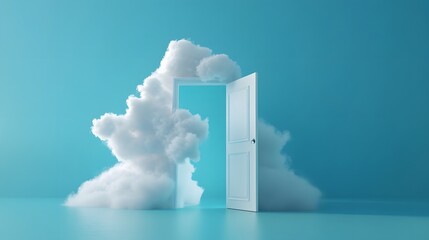 3d render, white fluffy clouds going through, flying out, open door, objects isolated on blue background. Door to haven abstract metaphor, modern minimal concept. Surreal dream scene . 