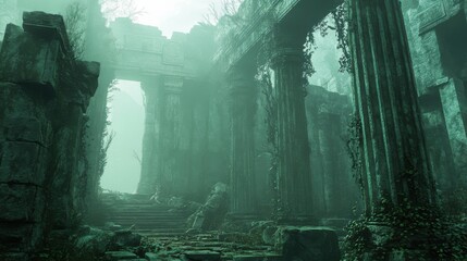 Fototapeta premium 3D effect of a dramatic ancient ruins with crumbling columns, overgrown vines,