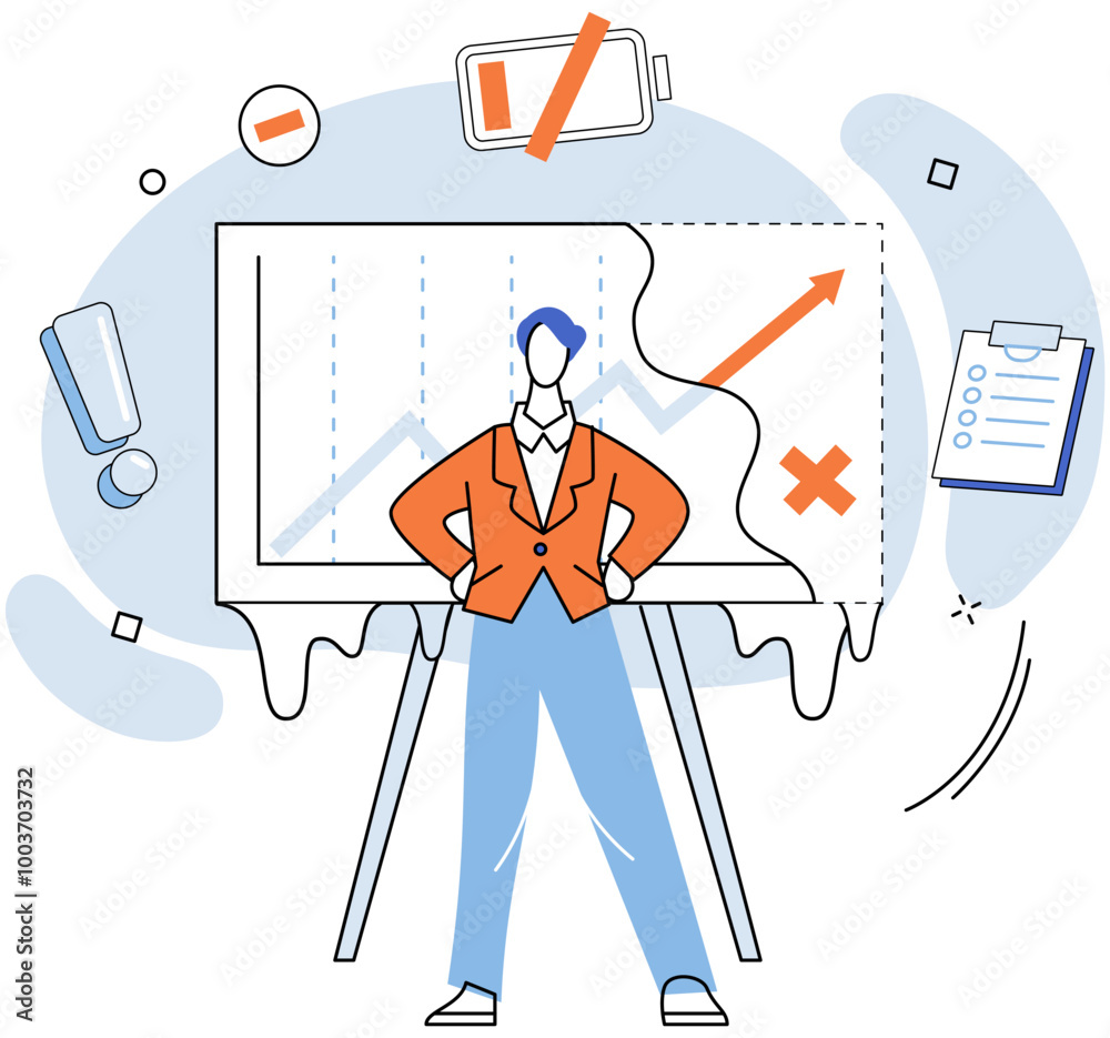 Fototapete person work with abstract business system, organizing data, analyzing statistics. man stands near bo