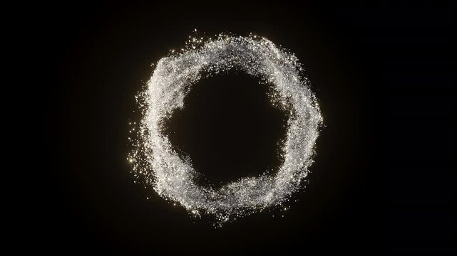 3d silver Particles Flying around circle. Abstract white glitter background. Holiday celebrating bg with silver dust effect. Motion graphic.