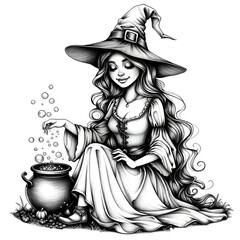 A line drawing of a witch character transparent background