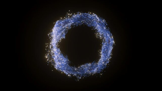 3d blue Particles Flying around circle. Abstract blue glitter background. Holiday celebrating bg with blue dust effect. Motion graphic.