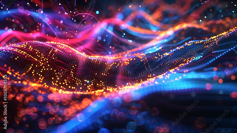 Poster abstract image with vibrant neon lights forming a dynamic pattern.