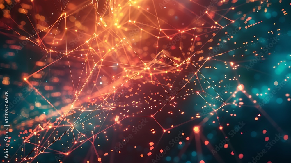 Poster abstract digital network with glowing lines and points, representing connections and communication.