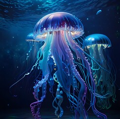 Glowing jellyfish swim deep in blue sea. Medusa neon jellyfish fantasy in space cosmos among stars