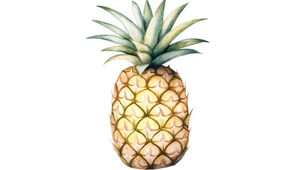 Obraz premium A vibrant, detailed illustration of a pineapple with lush green leaves, set against a white background, showcasing its unique texture and color.