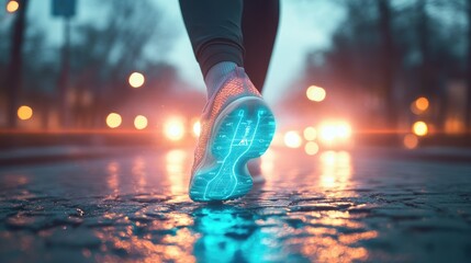 Jogger shoes illuminated by floating holographic symbols of health data and performance during an outdoor run.