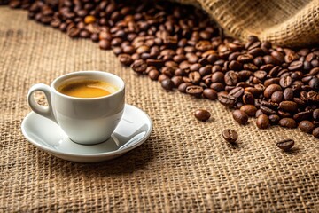 White espresso cup on burlap table with coffee beans