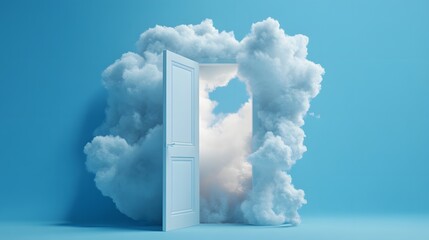 3d render, white fluffy clouds going through, flying out, open door, objects isolated on blue background. Door to haven abstract metaphor, modern minimal concept. Surreal dream scene . 