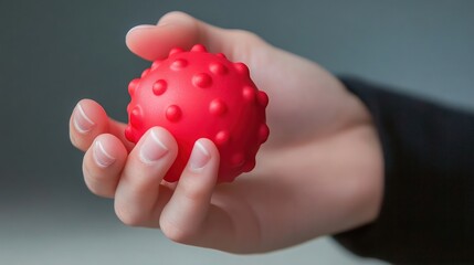A hand holding a red spiky ball.