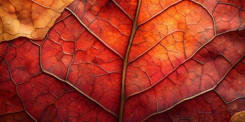 Obraz premium An overhead view of an autumn leaves carpet showcases vibrant fall colors and intricate textures, emphasizing the seasonal change and organic patterns in high-resolution macro photography.