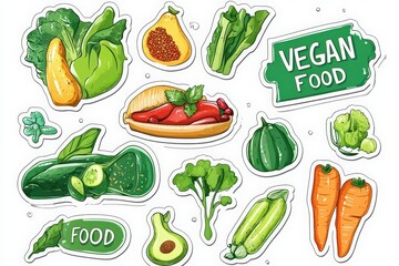 Vegan food sticker vector set with text "vegan" "eco-friendly" and graphic of organic, healthy plant based products such as fruit , vegetable or leaf. bio product