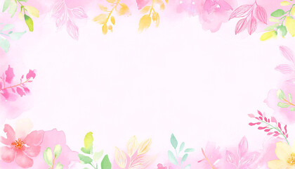 カラフルな植物の水彩画フレーム、ピンク色の背景