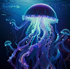 Glowing jellyfish swim deep in blue sea. Medusa neon jellyfish fantasy in space cosmos among stars