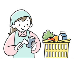 レジで商品のバーコードを読み取る女性店員