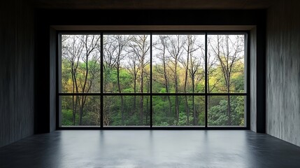  Balcony with panoramic windows overlooking the forest. Black empty room with modern design made of concrete