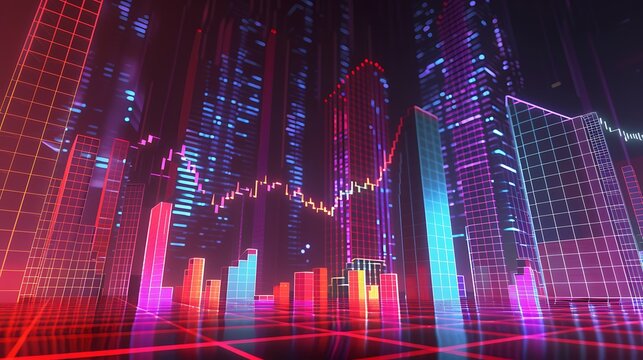 Neon cityscape with a stock market graph rising through the buildings, symbolizing the growth and future of finance.