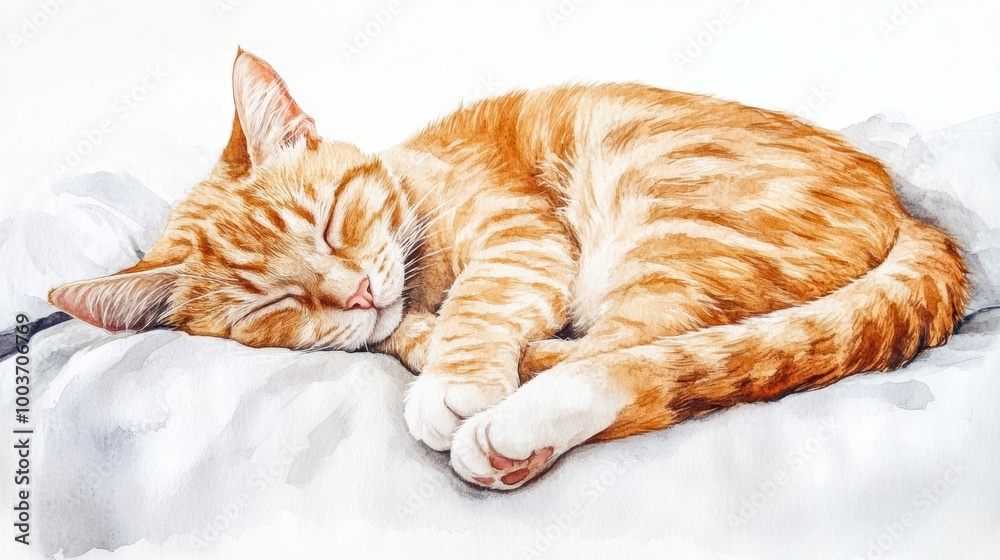 Poster a cozy sleeping cat on a soft bedspread with a white background during a tranquil afternoon. generat