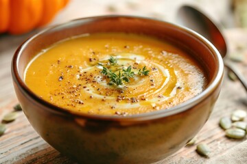 Pumpkin cream soup in a bowl on a wooden table. Autumnal flavors blend in a smooth, creamy, and healthy dish. Tasty, comforting, and nutritious meal for fall and winter seasons.