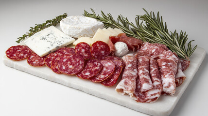An artfully arranged platter displays traditional appetizers, featuring savory salami, delicate prosciutto, and creamy fresh cheese, inviting indulgence.