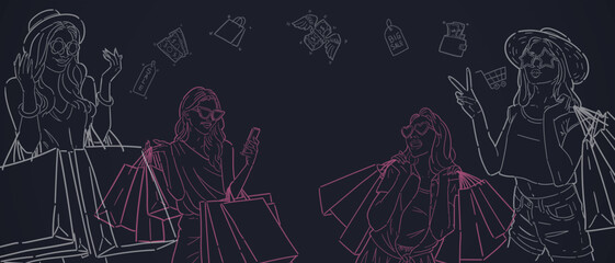 Banner background for sales promotion with line out illustration of a woman carrying a bag or shopping, for advertising, banners, leaflets and flyers. vector.