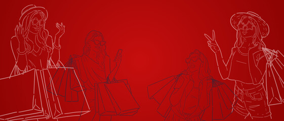 Banner background for sales promotion with line out illustration of a woman carrying a bag or shopping, for advertising, banners, leaflets and flyers. vector.