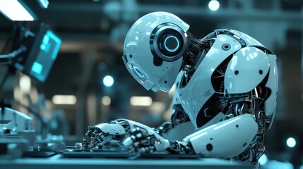 Fototapeta premium 3D effect of a futuristic robot with detailed mechanical joints and illuminated accents,