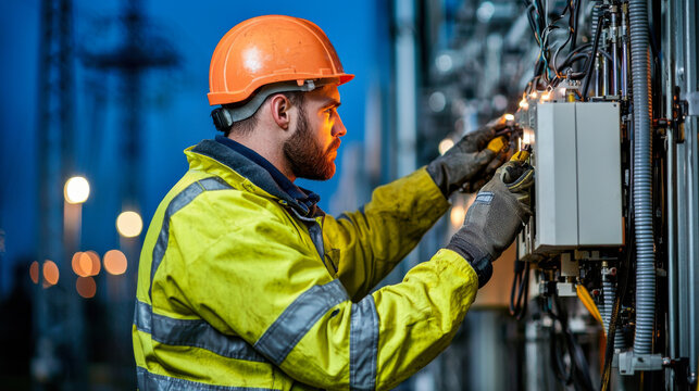 Electrician working with cables at night