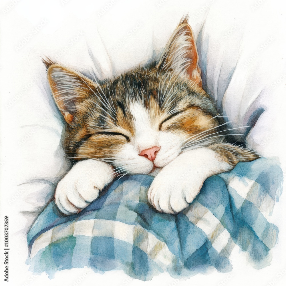 Poster a peaceful sleeping cat curled up on a cozy bedspread with a soft white background in a serene domes