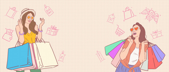 Banner background for sales promotion with illustration of a woman carrying a bag or shopping, for advertising, banners, leaflets and flyers. vector.