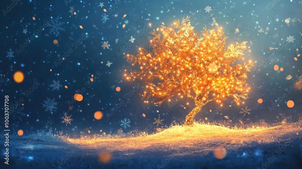 Poster A magical winter scene featuring a glowing tree adorned with shimmering lights, surrounded by soft snowflakes and a serene atmosphere.