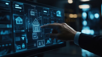 A hand in a suit interacts with a digital interface showing a house schematic.